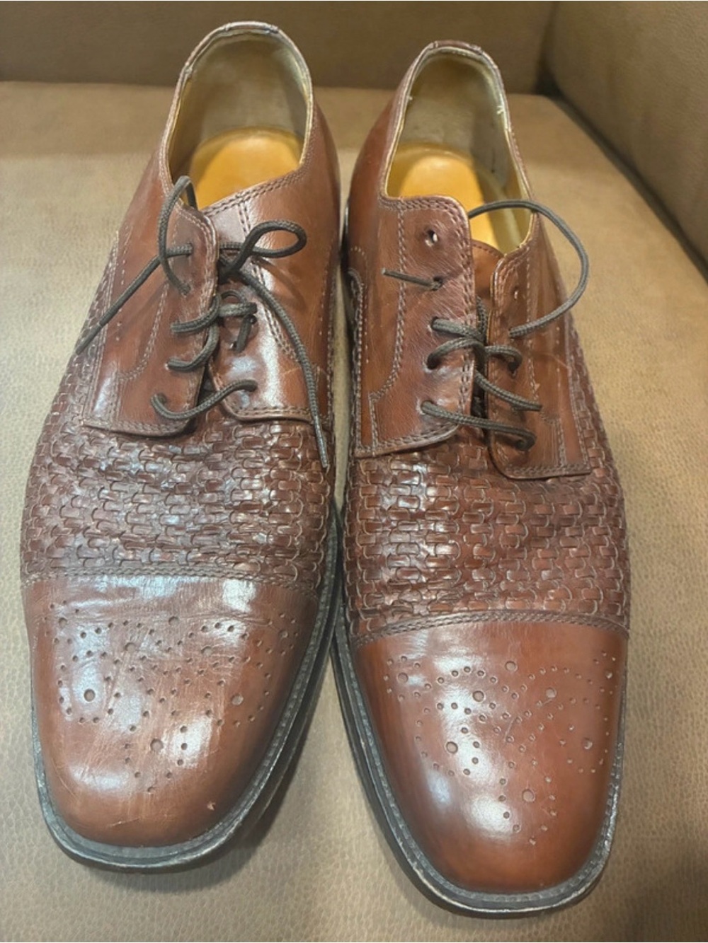 Johnston & Murphy Woven Chestnut Brown Leather Derby Shoes